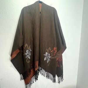 Indigo Soul Poncho Shawl Womens Brown Floral Acrylic‎ Fringe Hem Open Front Wrap